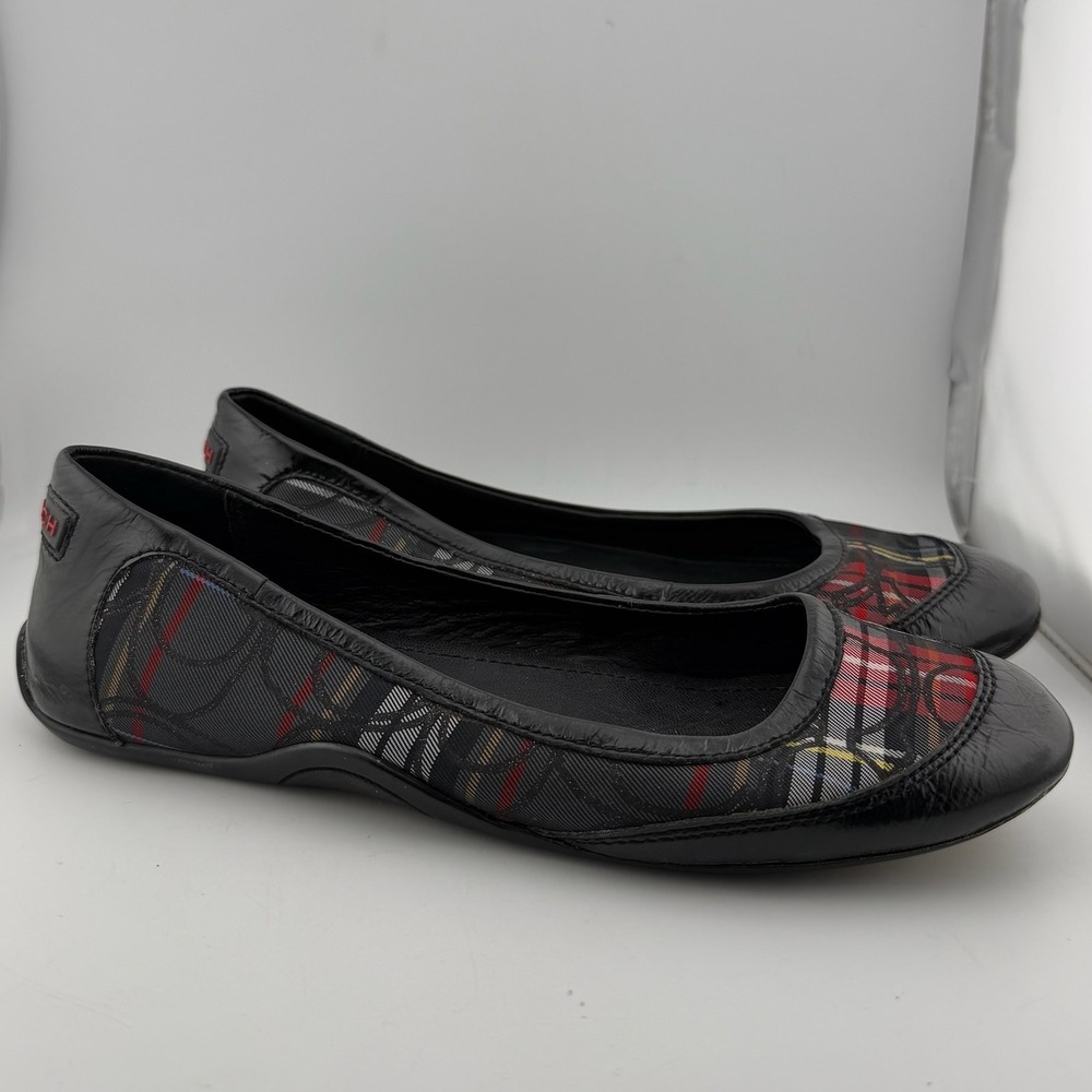 Coach Womens 9.5 Black Red Plaid Patent Leather Ballet Flat Logo Tread